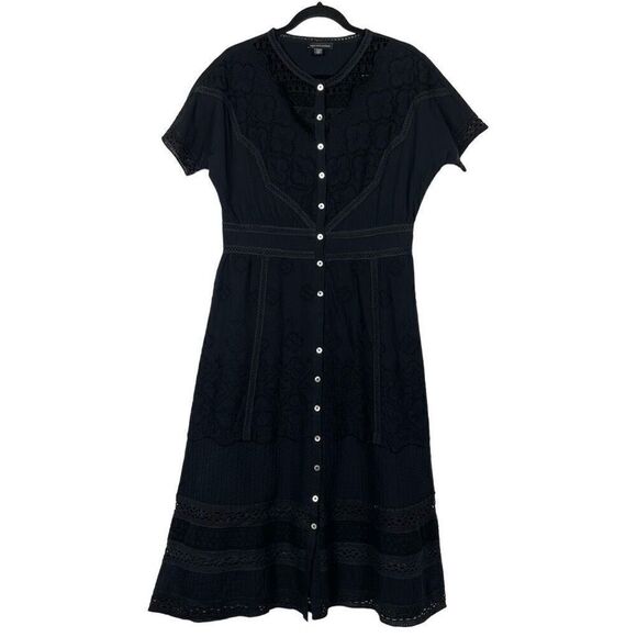 Saks Fifth Avenue Black Cotton Poplin A-Line Midi Eyelet Dress - Women’s 6 - Picture 1 of 6